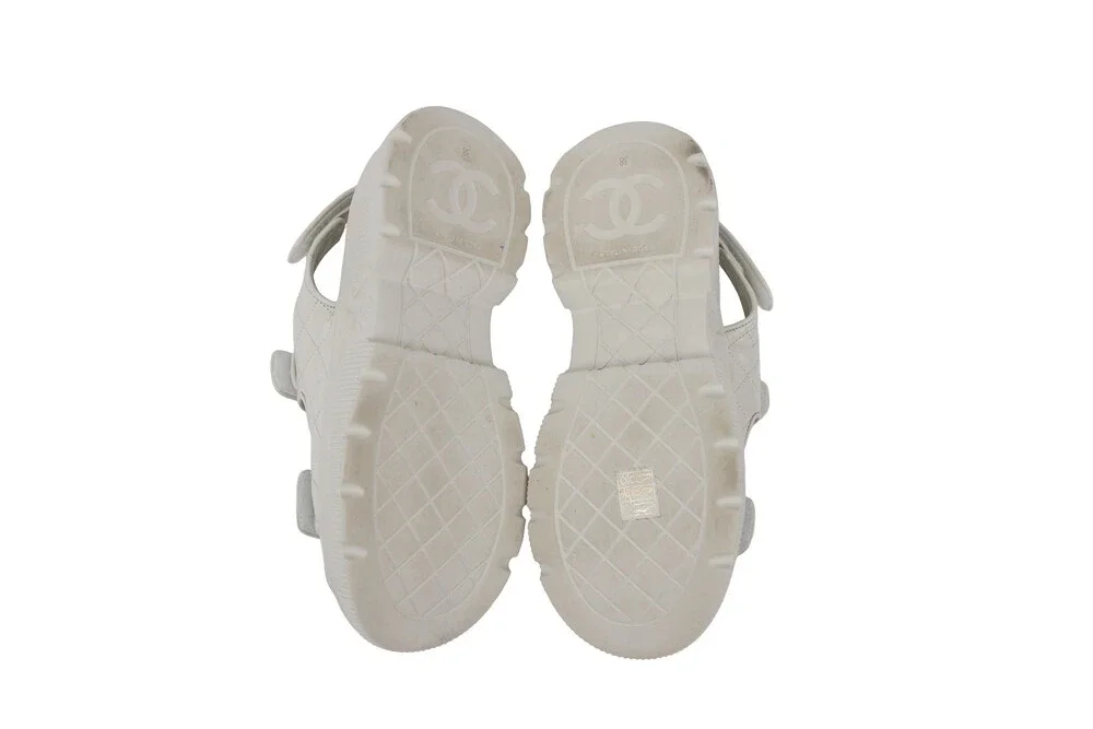 Chanel White Dad Sandals Quilted Lambskin Silver Hardware Size 38